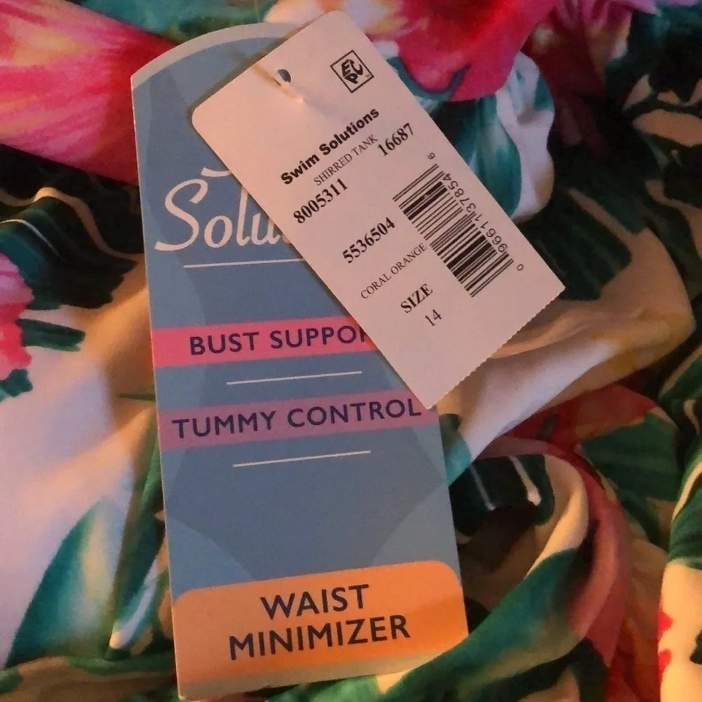 Swim Solutions TROPICAL PUNCH Hibiscus Tummy-Control One-Piece Swimsuit 14 NEW - Picture 4 of 4